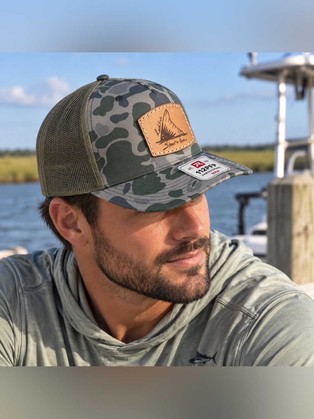 Shoot & Reel Redfish Camo Trucker Hat Leather Patch NWT